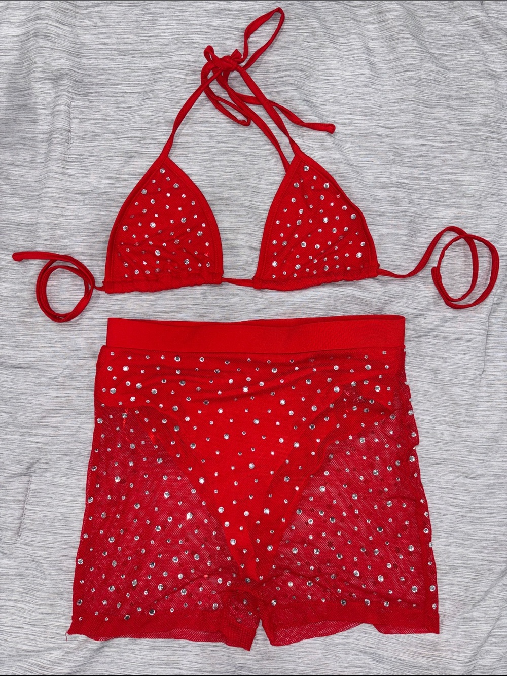 Red Rhinestone Set with Mesh Shorts